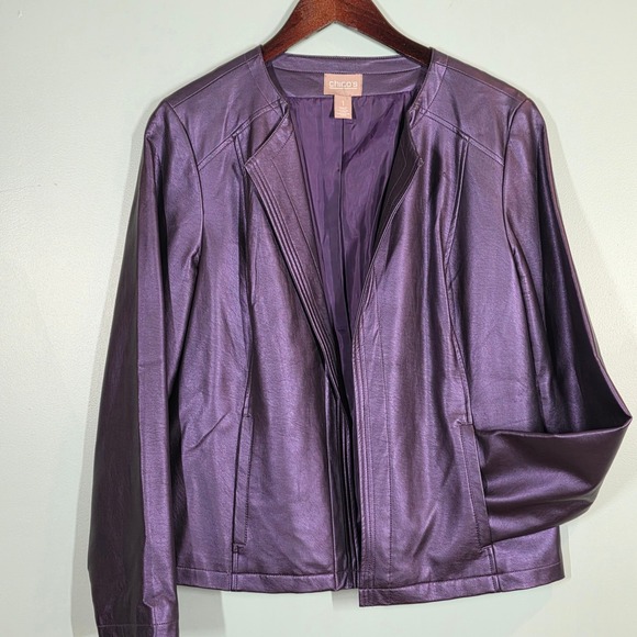 Chicos Metallic Purple Faux Leather Open Front Jacket Size 1 570149388 - Picture 2 of 13